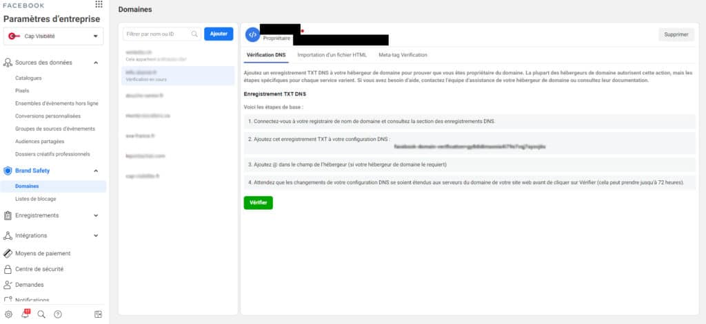 verification domaine facebook
