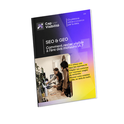 Cap Visibilité brochure cover with a purple‑yellow gradient, title 'SEO & GEO' and a photo of people working at a desk.