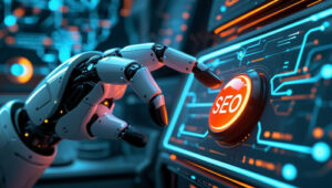Robotic hand reaching toward a glowing SEO button on a high-tech, futuristic dashboard.