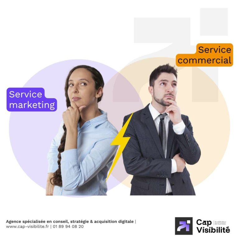 Two professionals back-to-back, a woman on the left and a man in a suit, with 'Service marketing' and 'Service commercial' labels representing marketing and sales services.