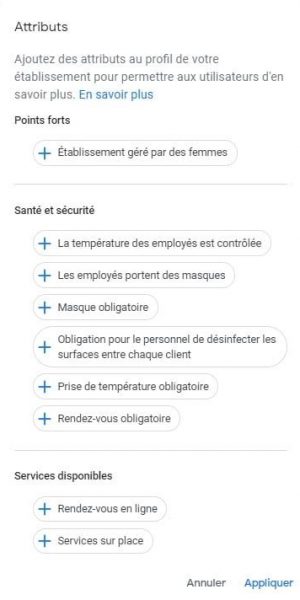 attributs tags d'une fiche google my business